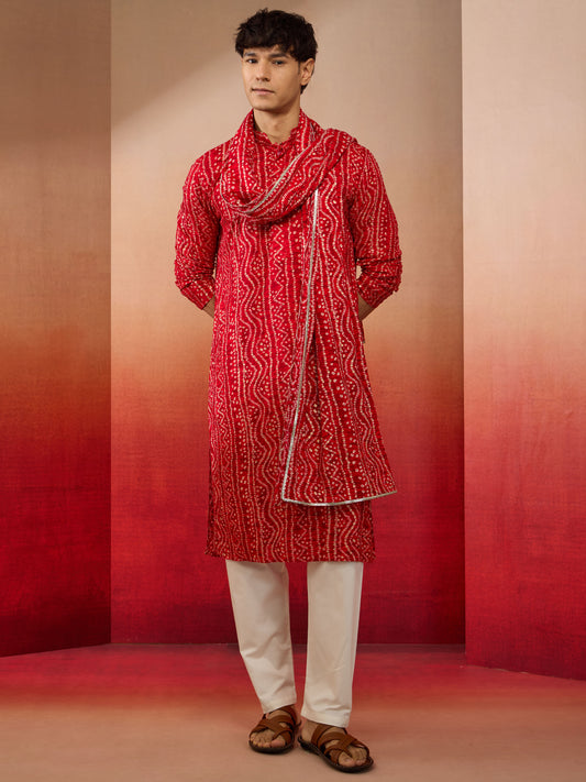 Red Rayon Casual Men's Kurta Set with Dupatta