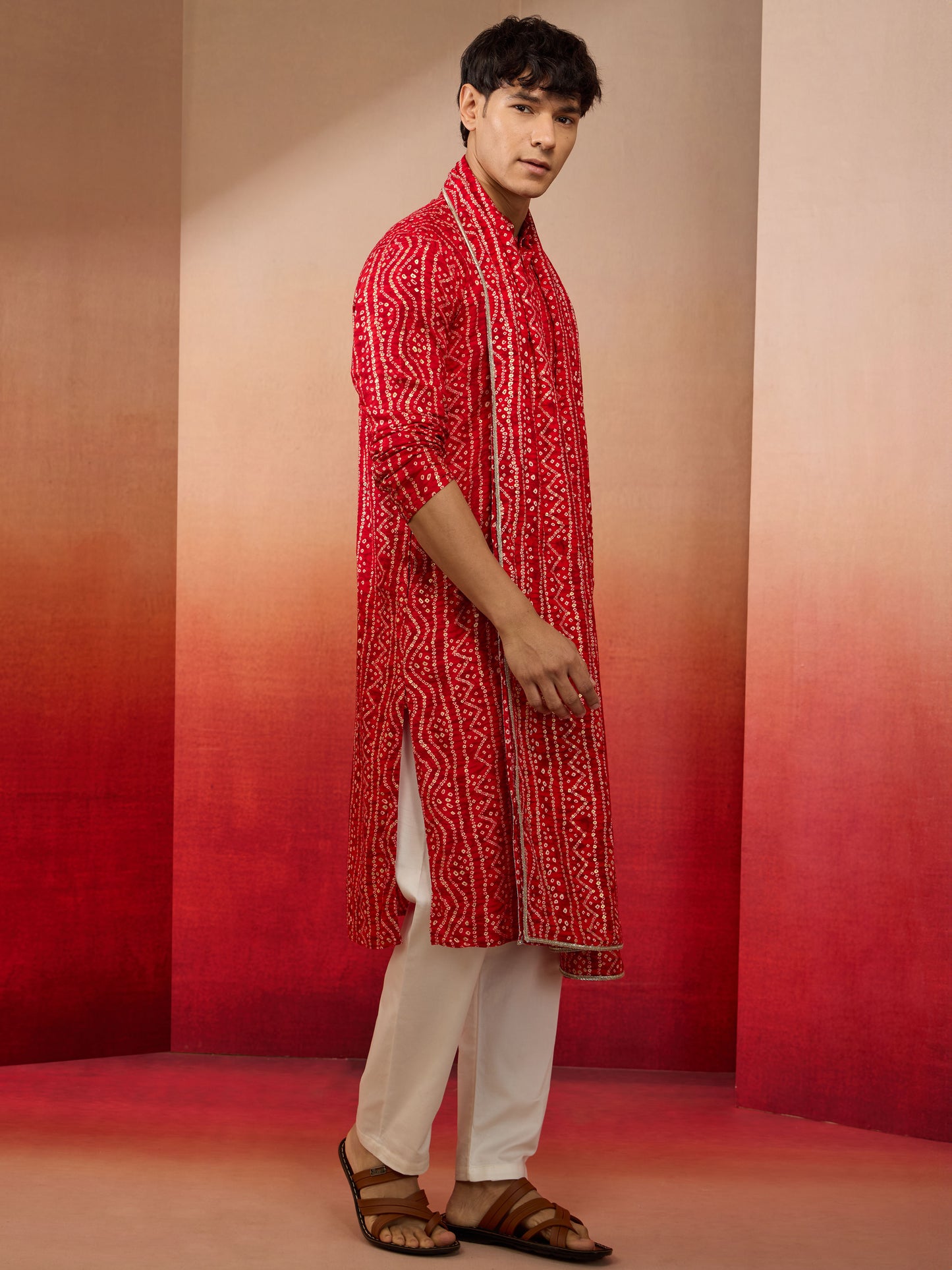 Red Rayon Casual Men's Kurta Set with Dupatta