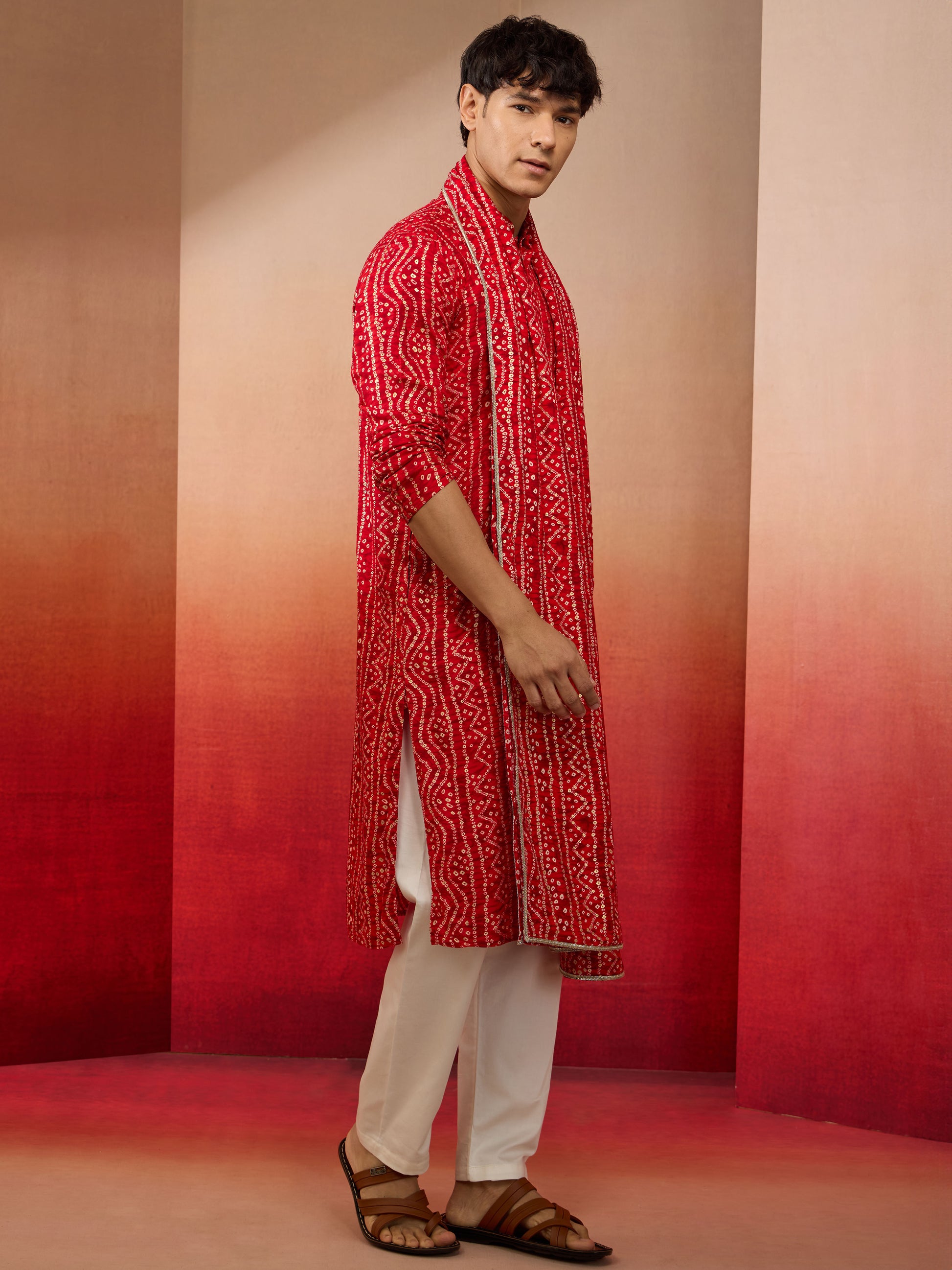 Red Rayon Casual Men's Kurta Set with Dupatta
