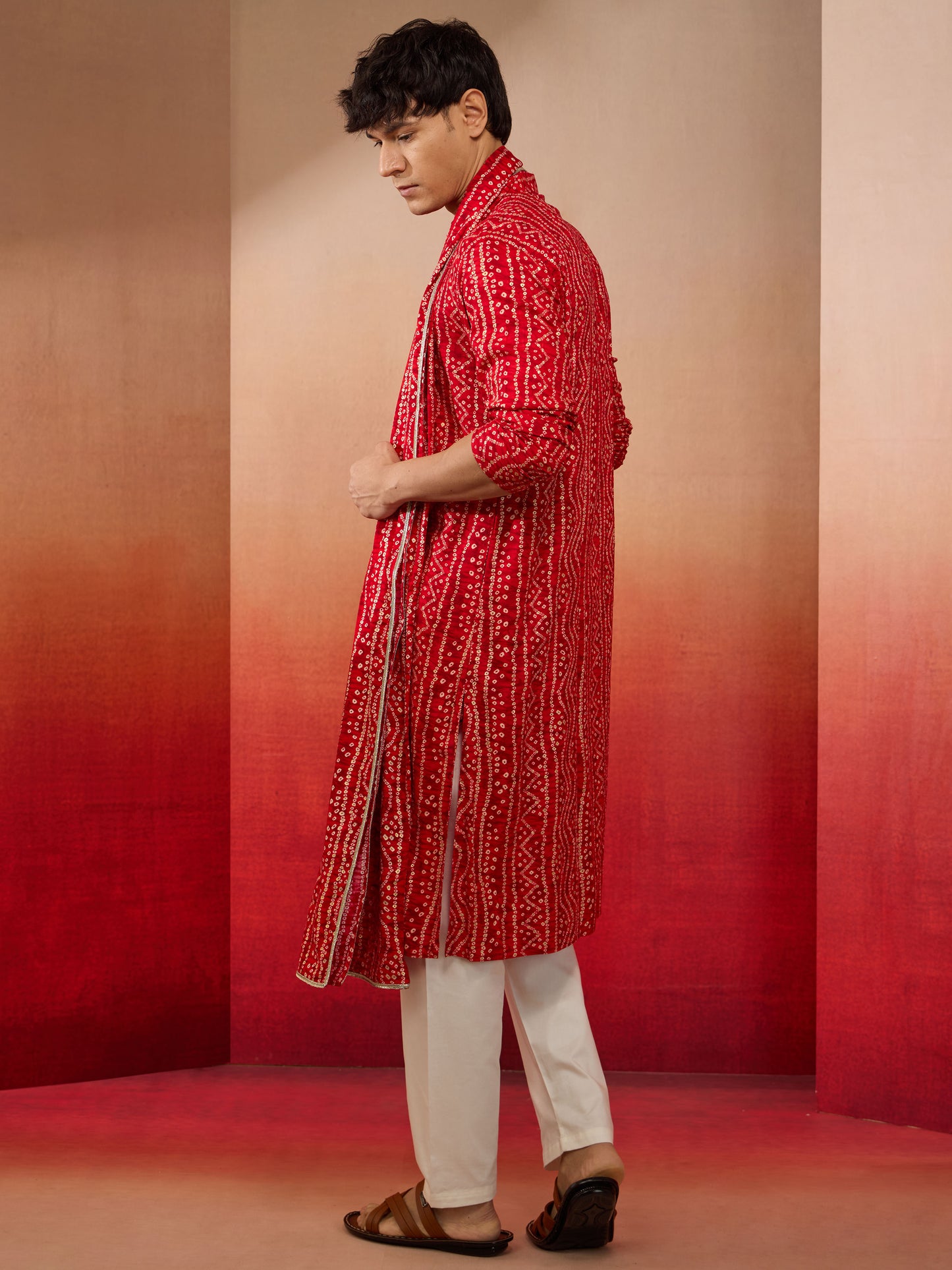 Red Rayon Casual Men's Kurta Set with Dupatta