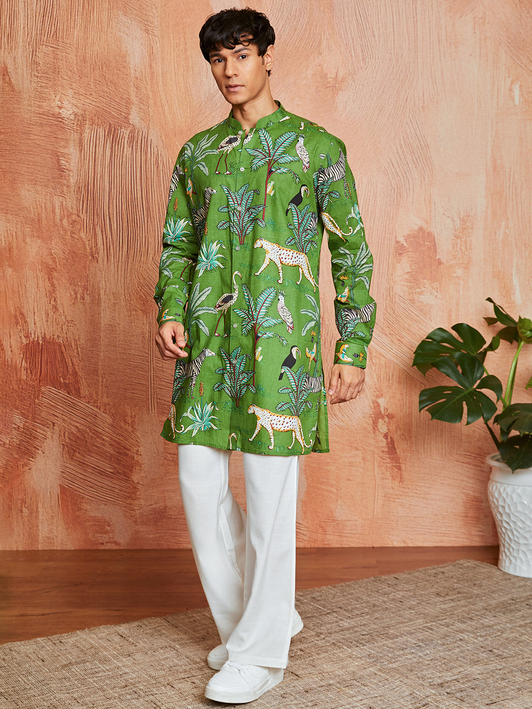 Green Cotton Casual Men's Kurta Set