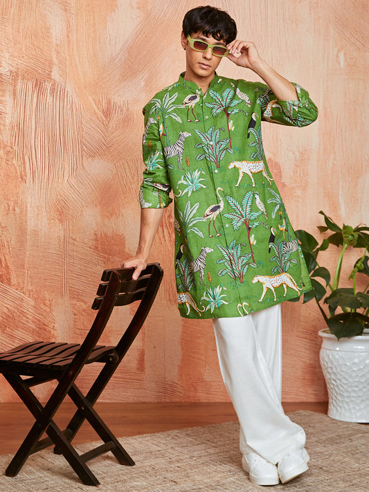 Green Cotton Casual Men's Kurta Set