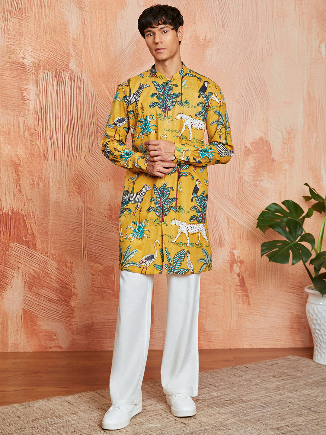 Mustard Cotton Casual Men's Kurta Set