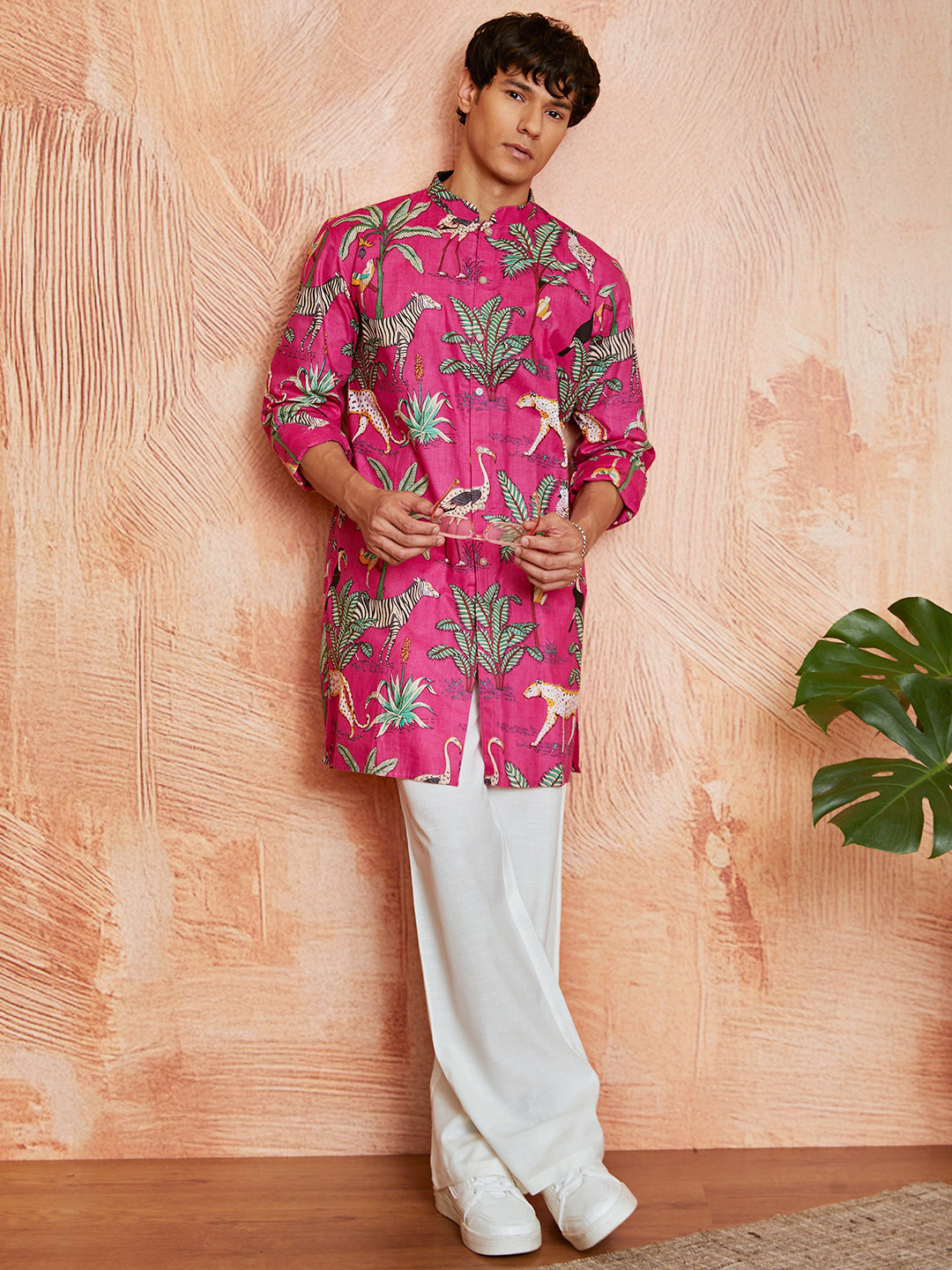 Pink Cotton Casual Men's Kurta Set