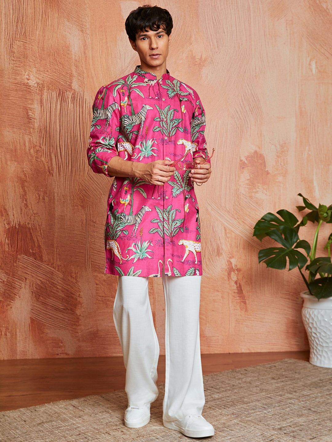 Pink Cotton Casual Men's Kurta Set