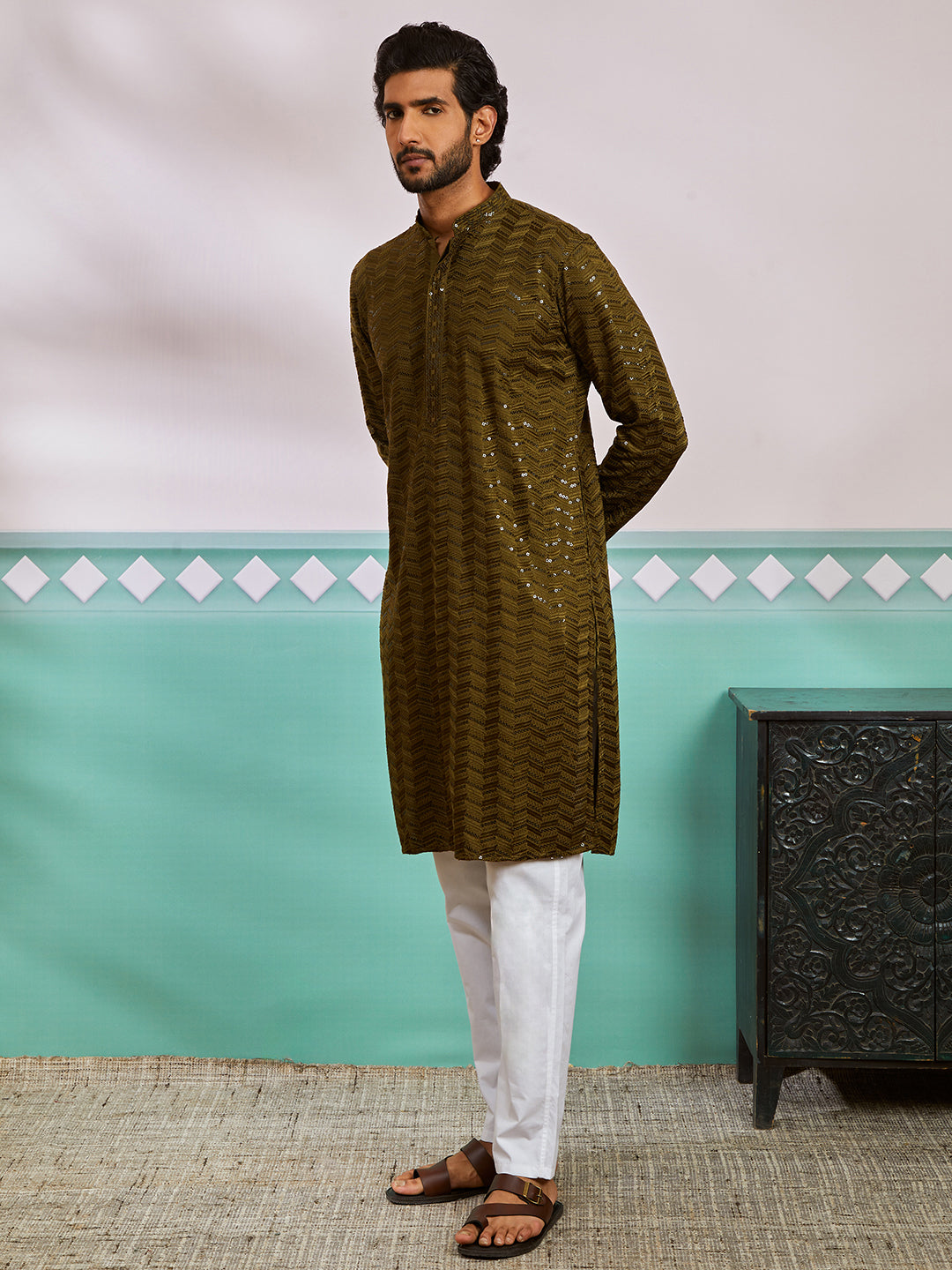 Mehendi Green Rayon Festival Men's Kurta Set
