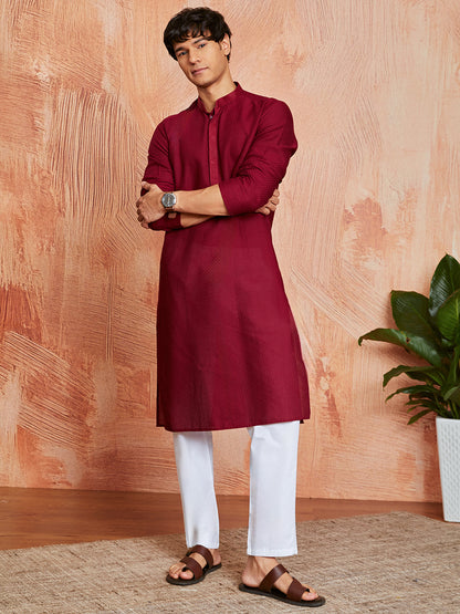 Maroon Cotton Casual Wear Men'S Kurta Set
