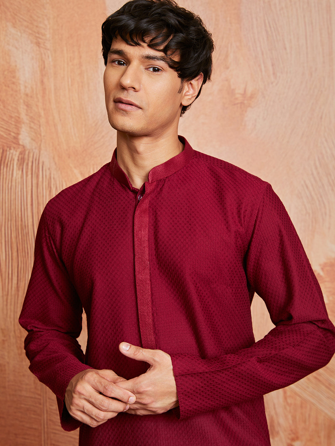 Maroon Cotton Casual Wear Men'S Kurta Set