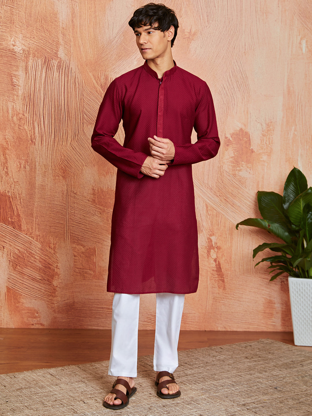 Maroon Cotton Casual Wear Men'S Kurta Set