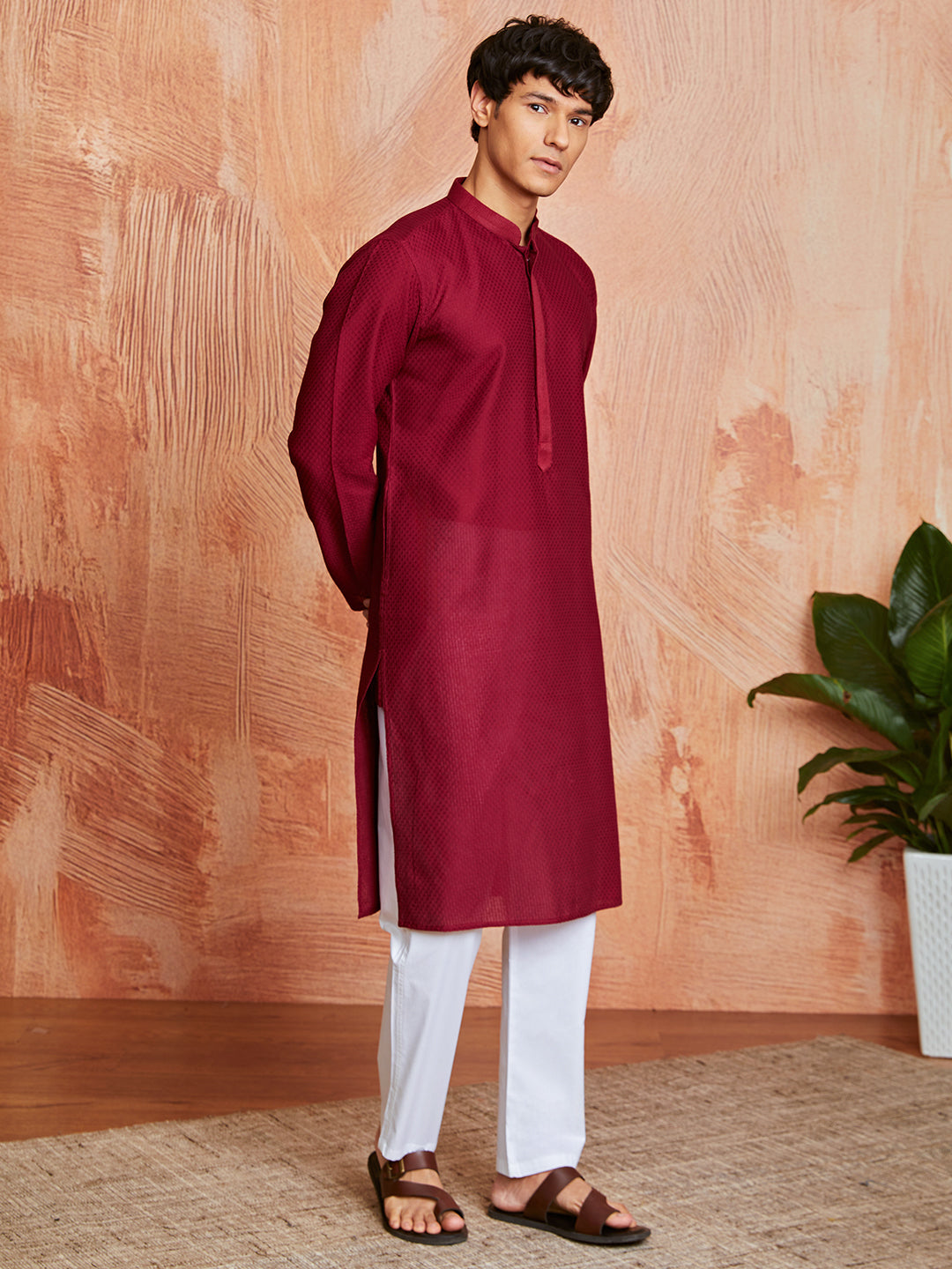 Maroon Cotton Casual Wear Men'S Kurta Set
