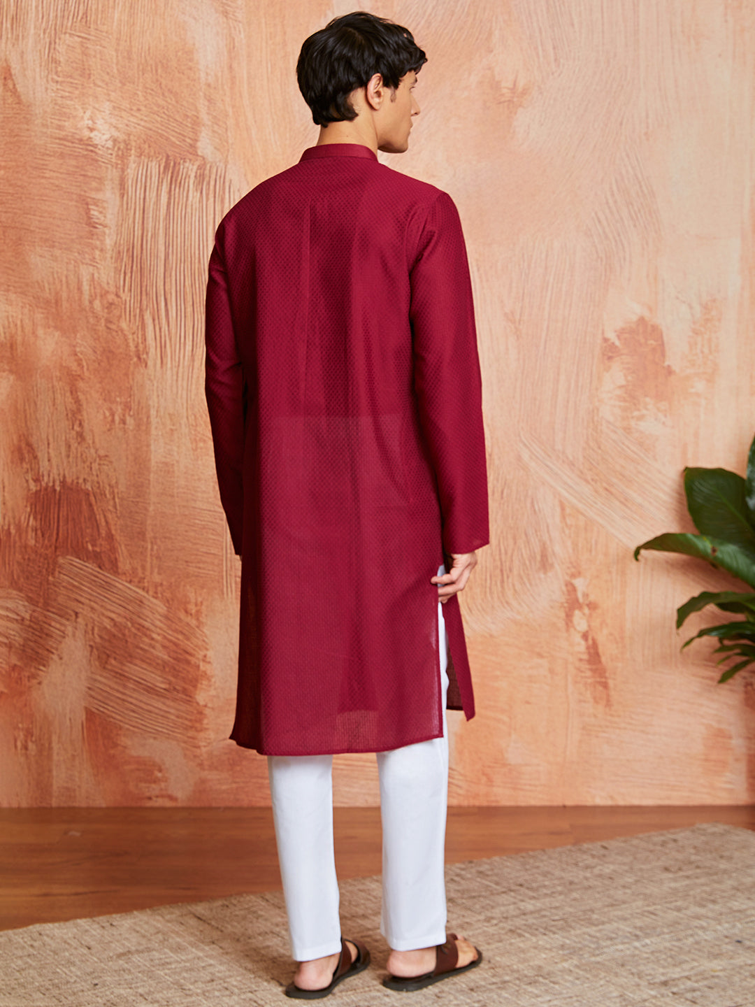Maroon Cotton Casual Wear Men'S Kurta Set