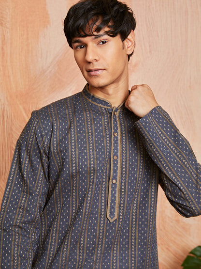 Grey Cotton Casual Men's Kurta Set