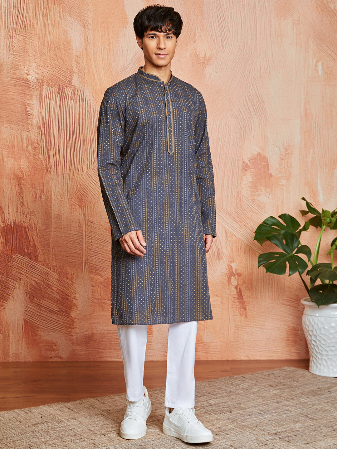 Grey Cotton Casual Men's Kurta Set