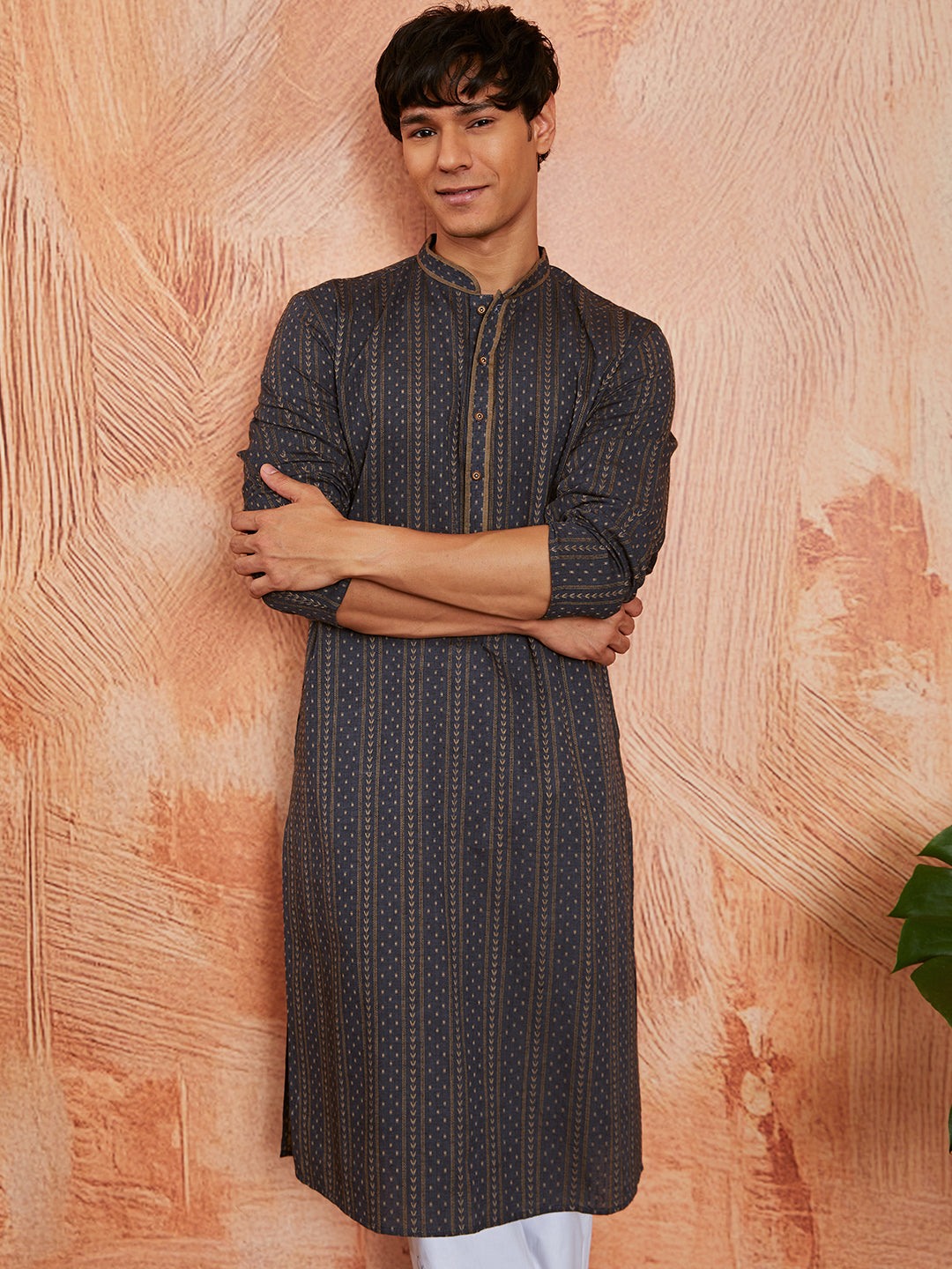 Grey Cotton Casual Men's Kurta Set