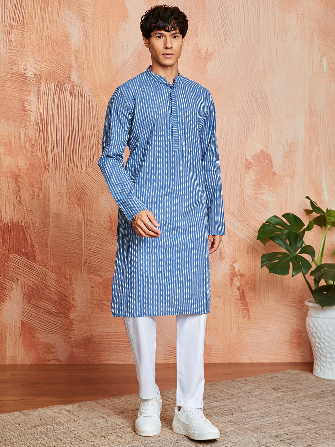 Blue Cotton Casual Men's Kurta Set