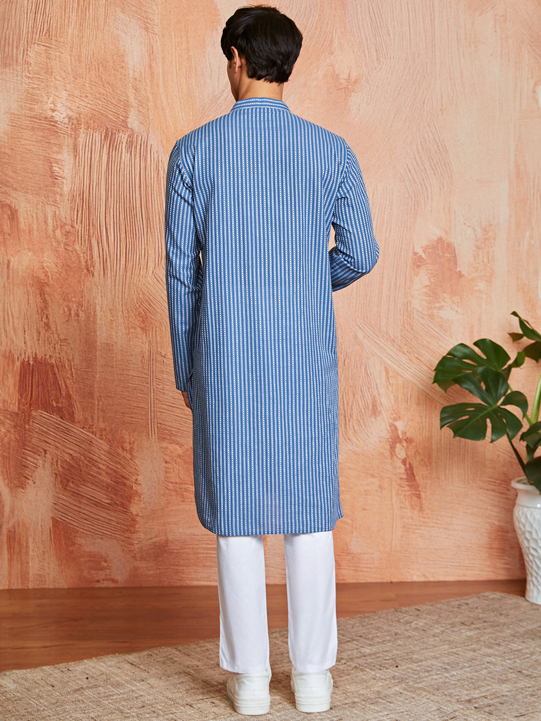 Blue Cotton Casual Men's Kurta Set
