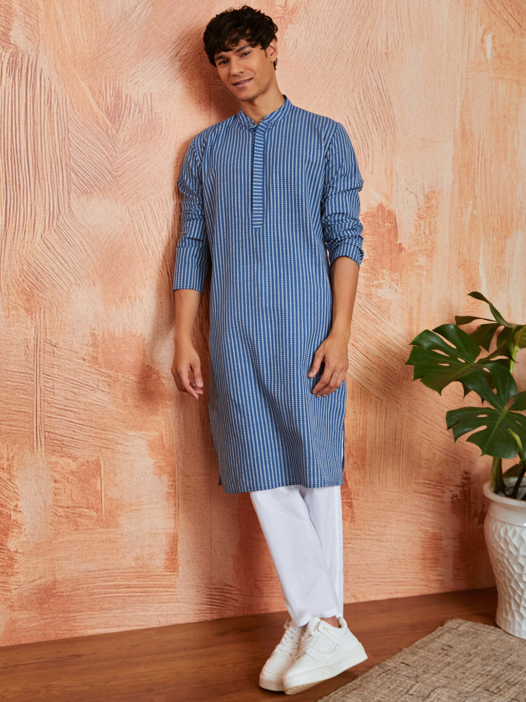 Blue Cotton Casual Men's Kurta Set