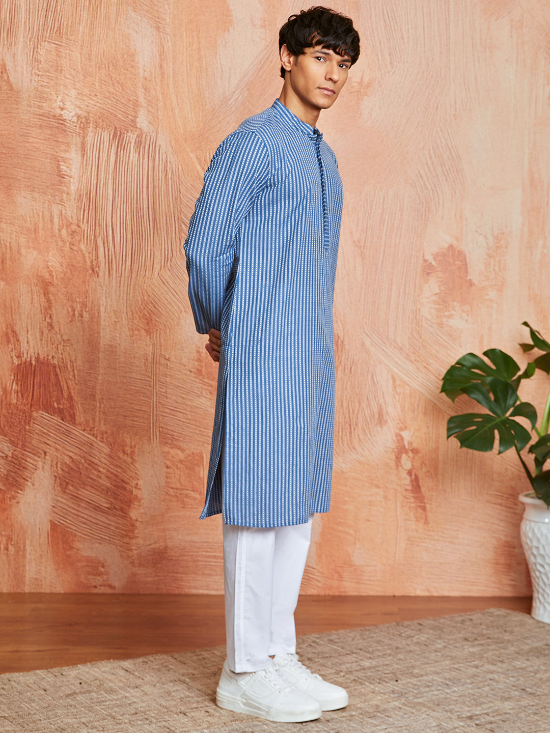 Blue Cotton Casual Men's Kurta Set