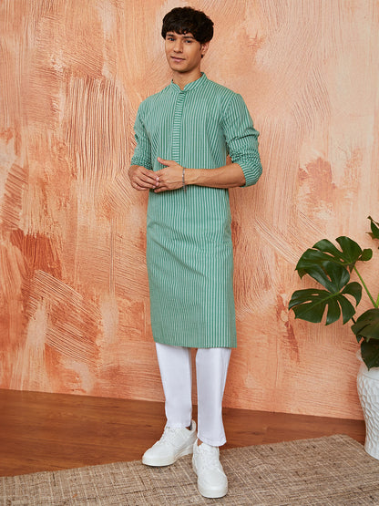 Designer Green Cotton Casual Men's Kurta Set