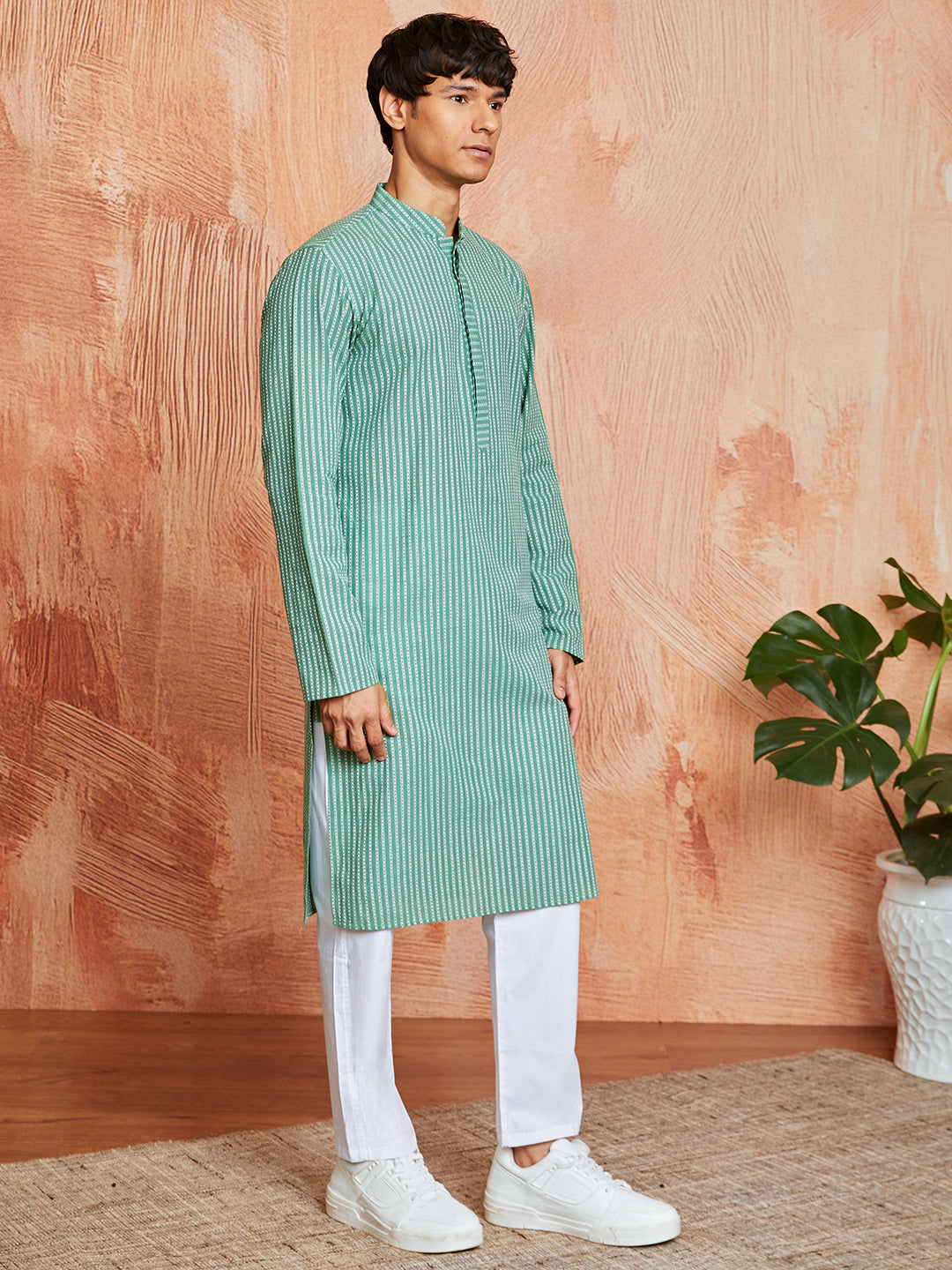 Designer Green Cotton Casual Men's Kurta Set