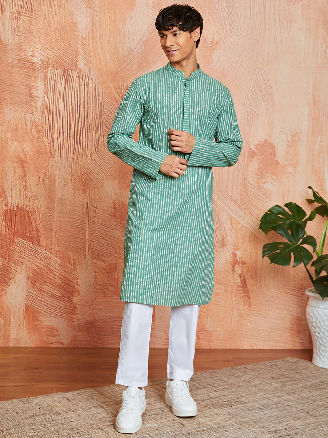 Designer Green Cotton Casual Men's Kurta Set