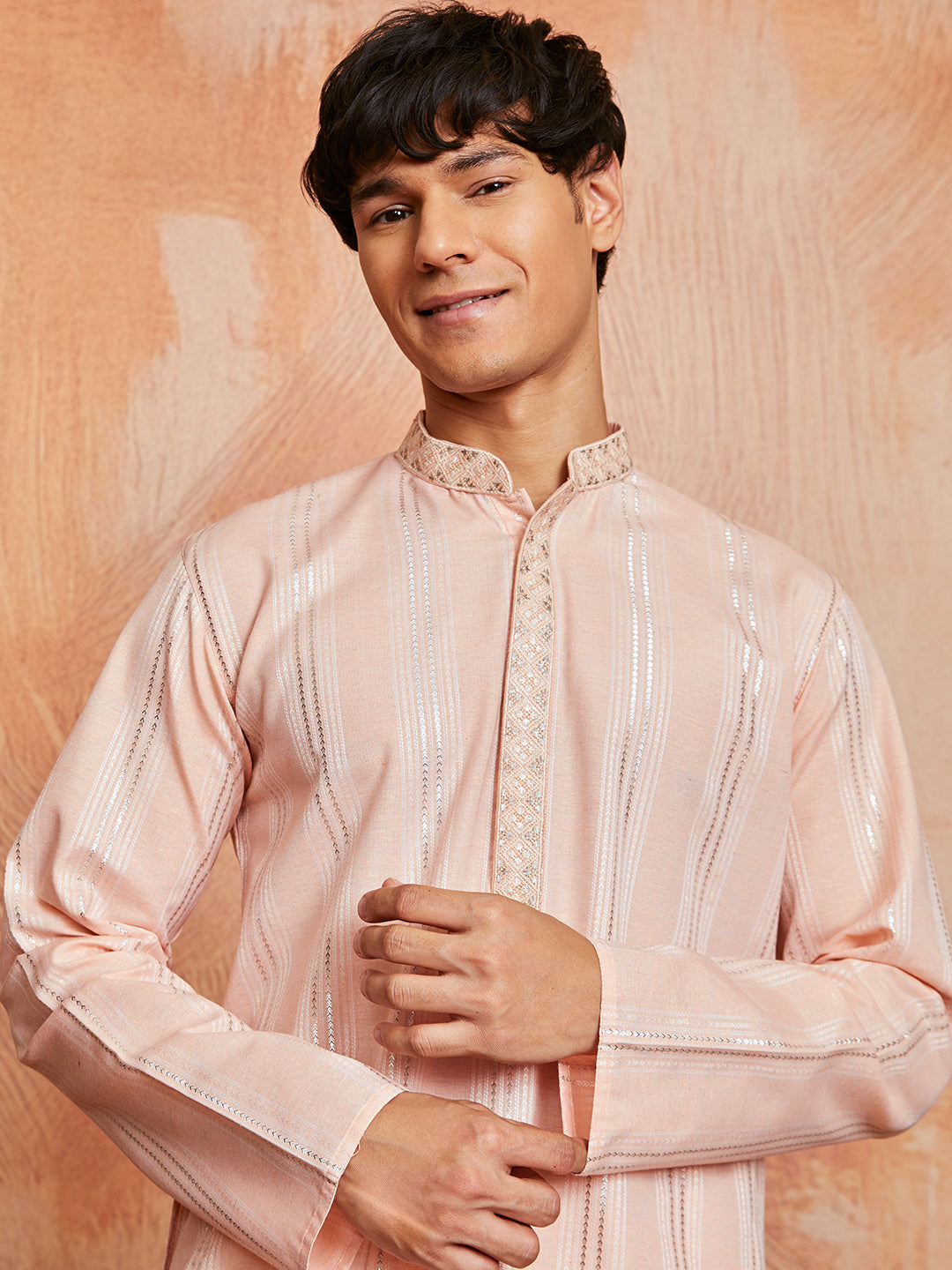 Peach Cotton Blend Casual Men's Kurta