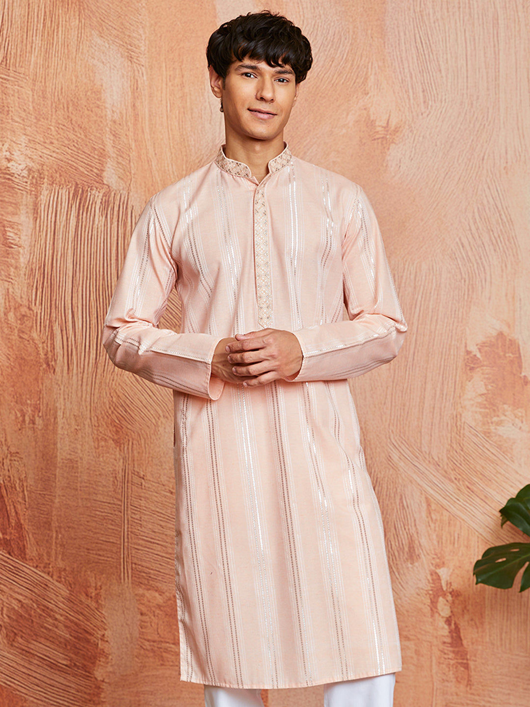 Peach Cotton Blend Casual Men's Kurta