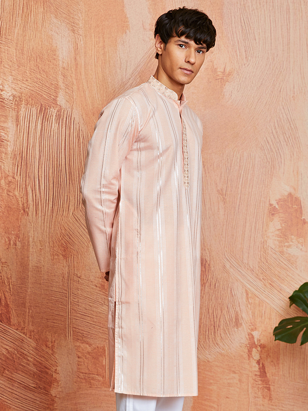 Peach Cotton Blend Casual Men's Kurta