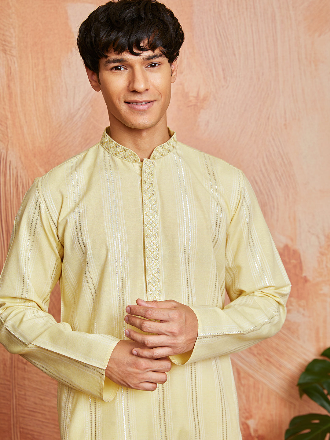 Yellow Cotton Blend Casual Men's Kurta