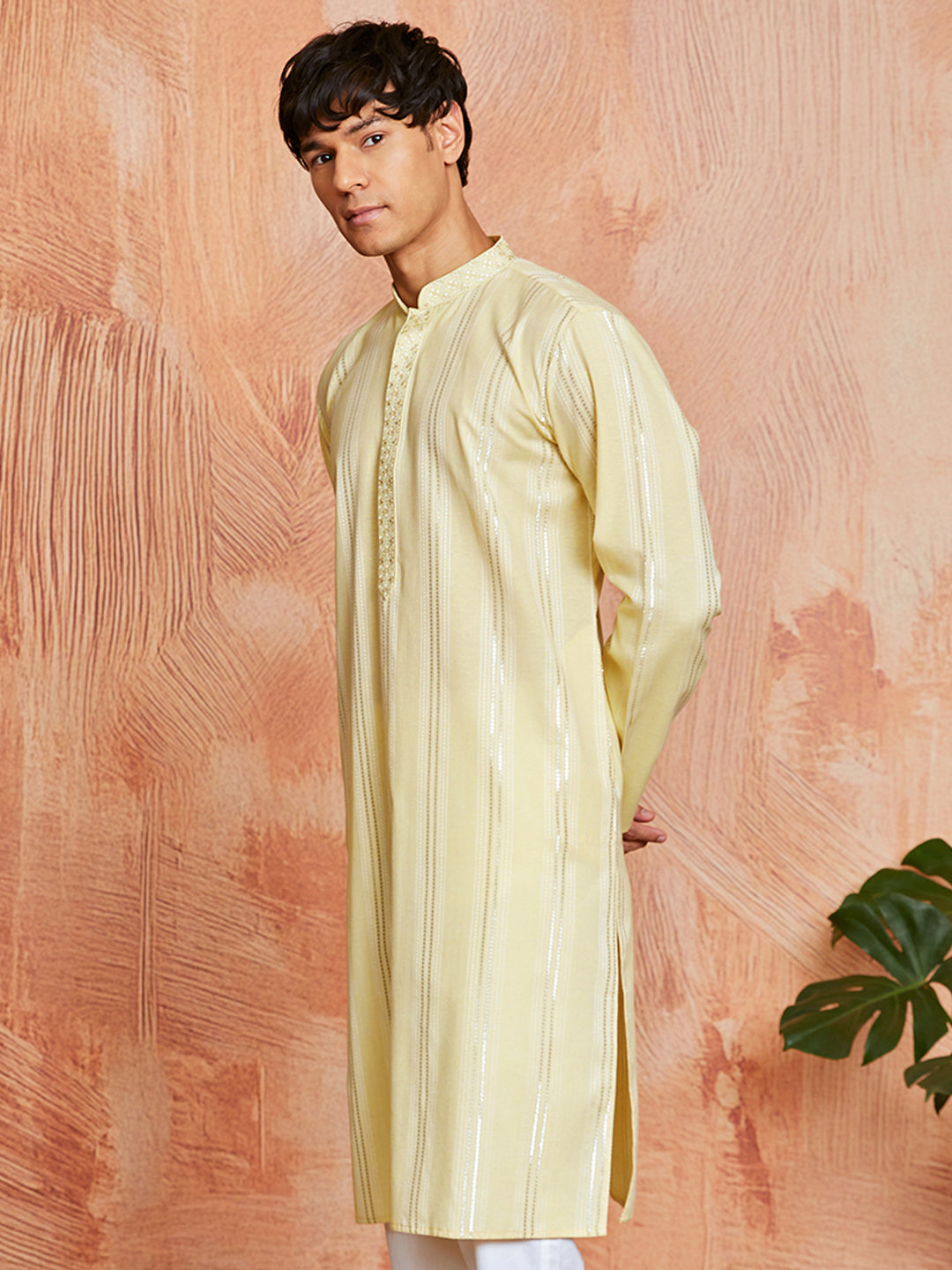 Yellow Cotton Blend Casual Men's Kurta