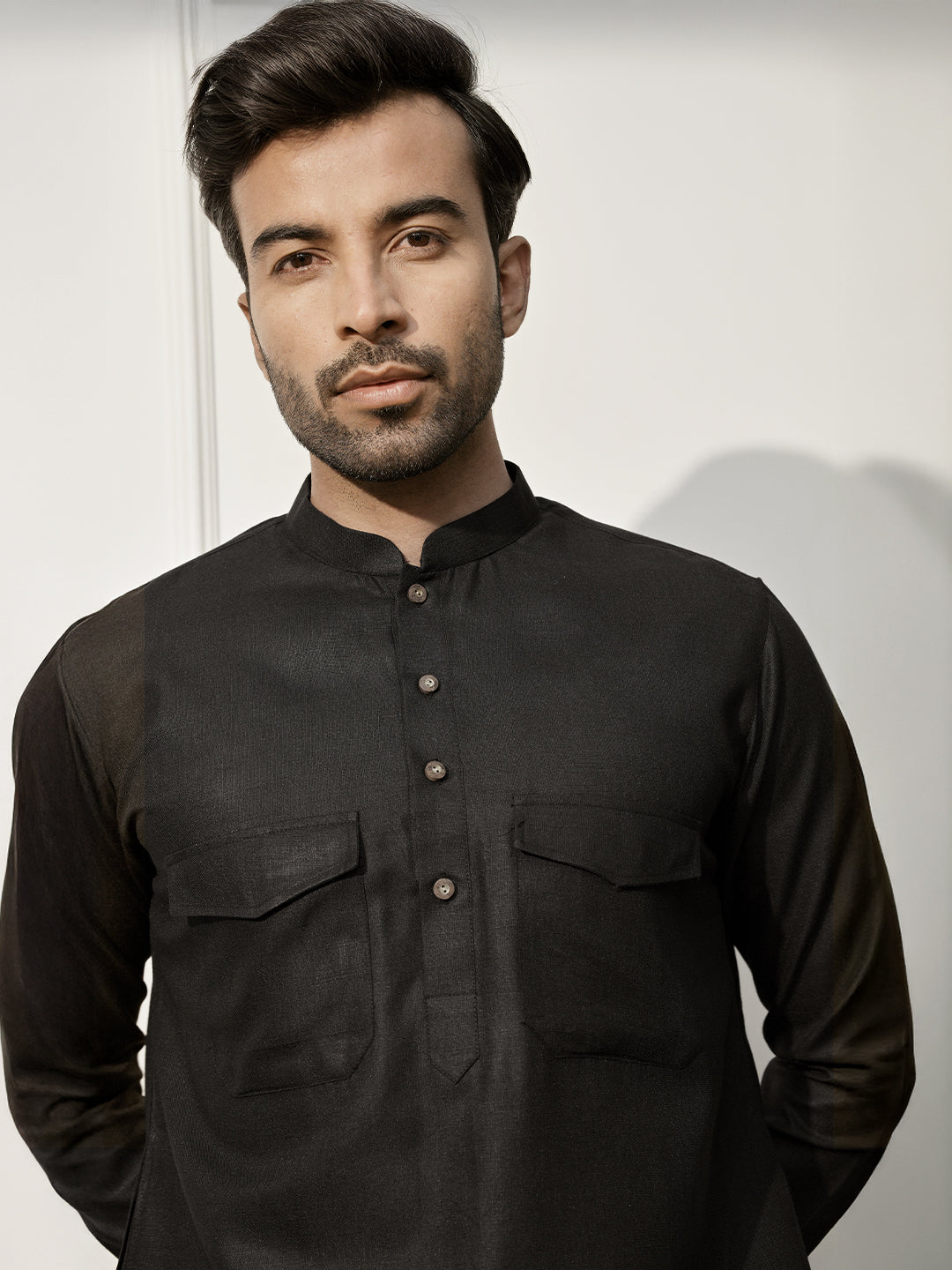 Black Cotton Casual Wear Men'S Kurta Set