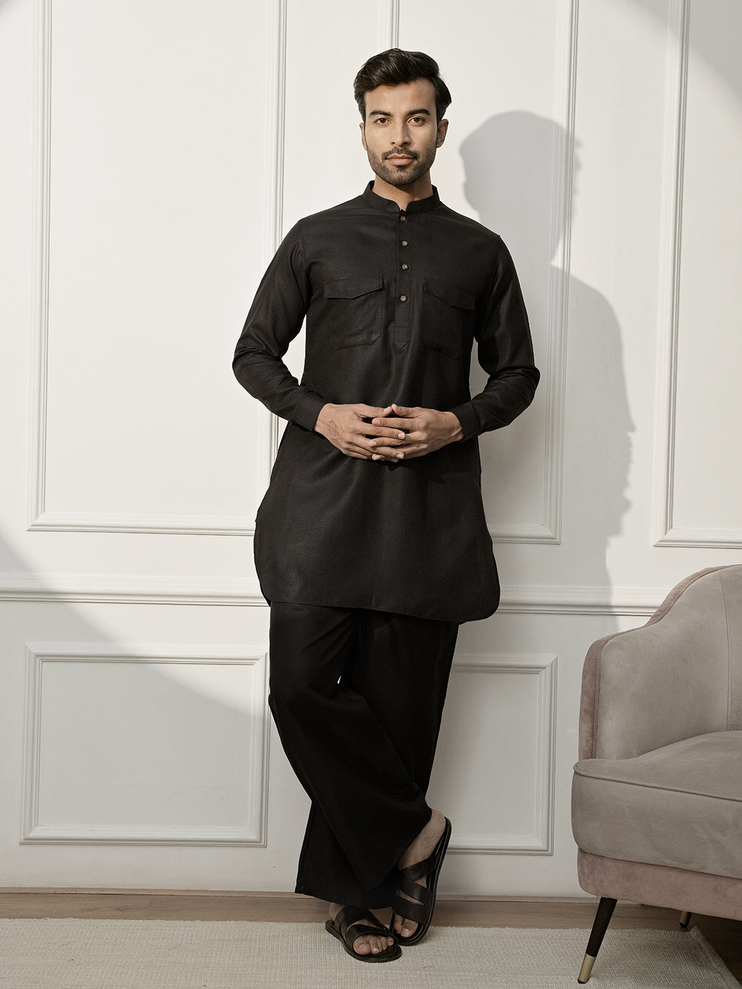 Black Cotton Casual Wear Men'S Kurta Set