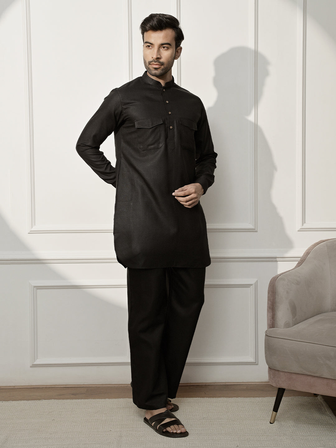 Black Cotton Casual Wear Men'S Kurta Set