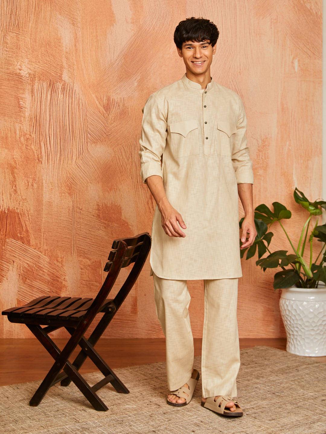 Chiku Cotton Linen Casual Men's Kurta Set