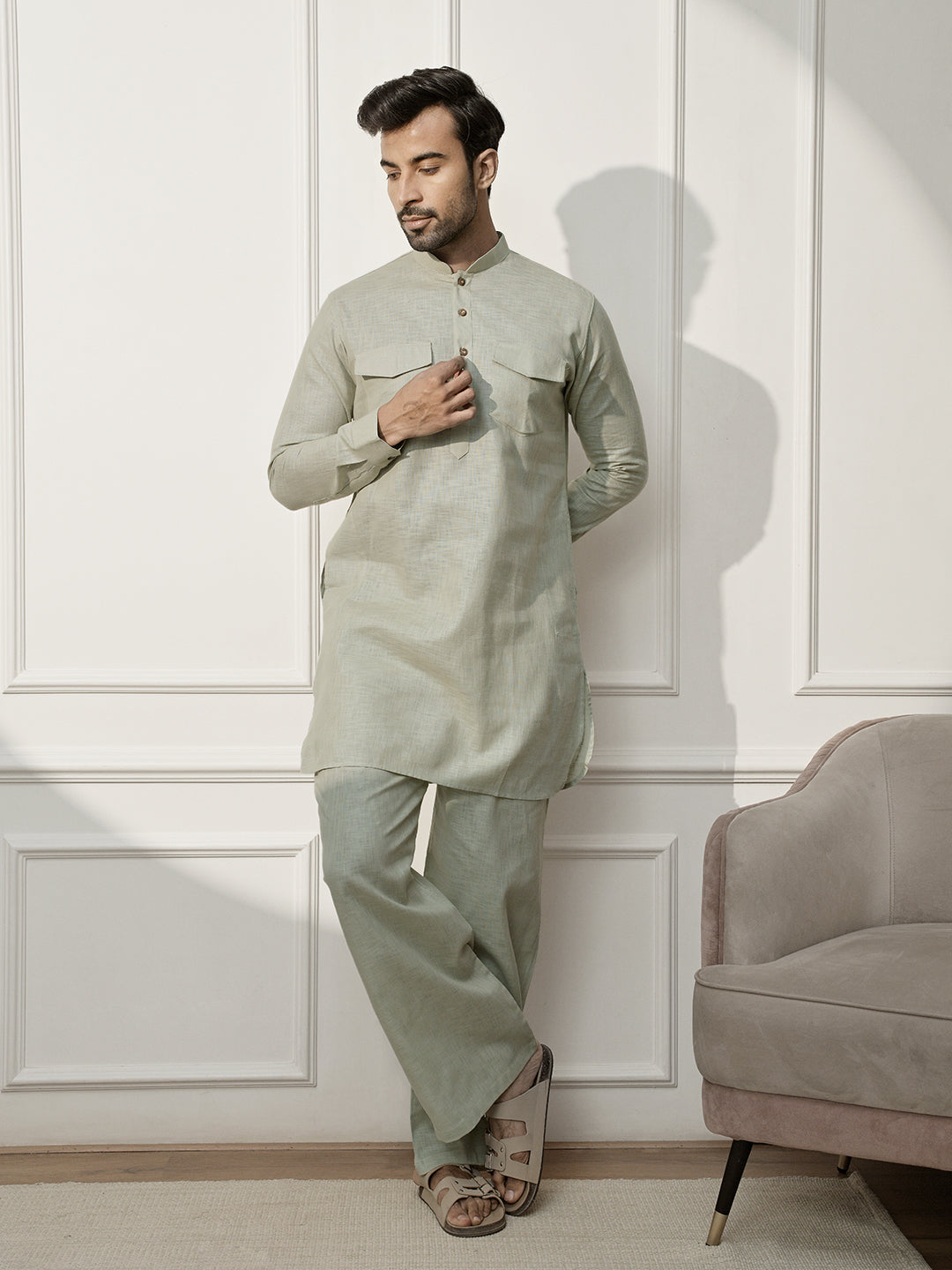 Mint Green Cotton Linen Casual Men's Kurta Set