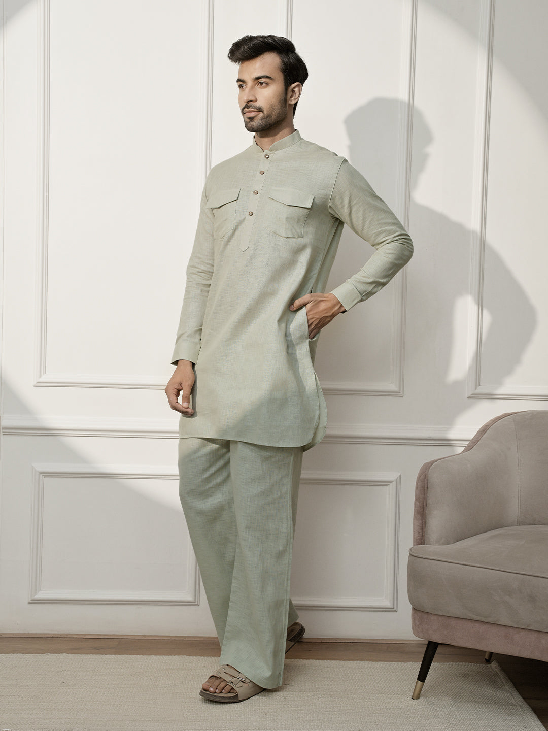 Mint Green Cotton Linen Casual Men's Kurta Set