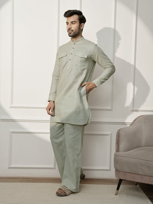 Mint Green Cotton Linen Casual Men's Kurta Set