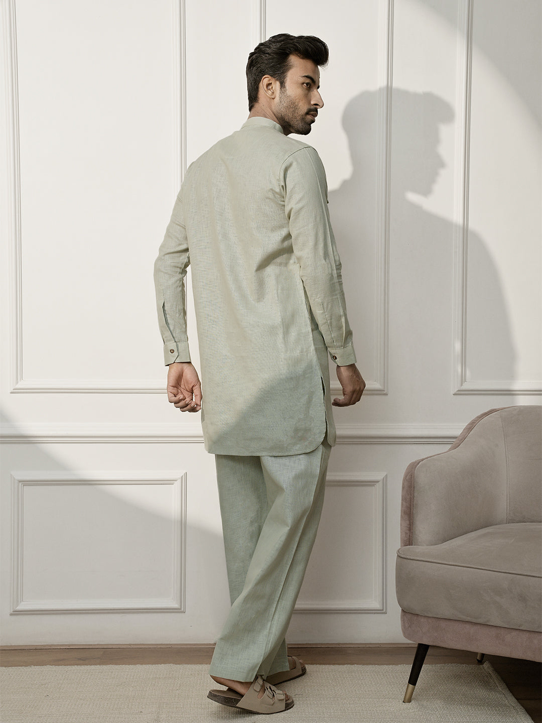 Mint Green Cotton Linen Casual Men's Kurta Set