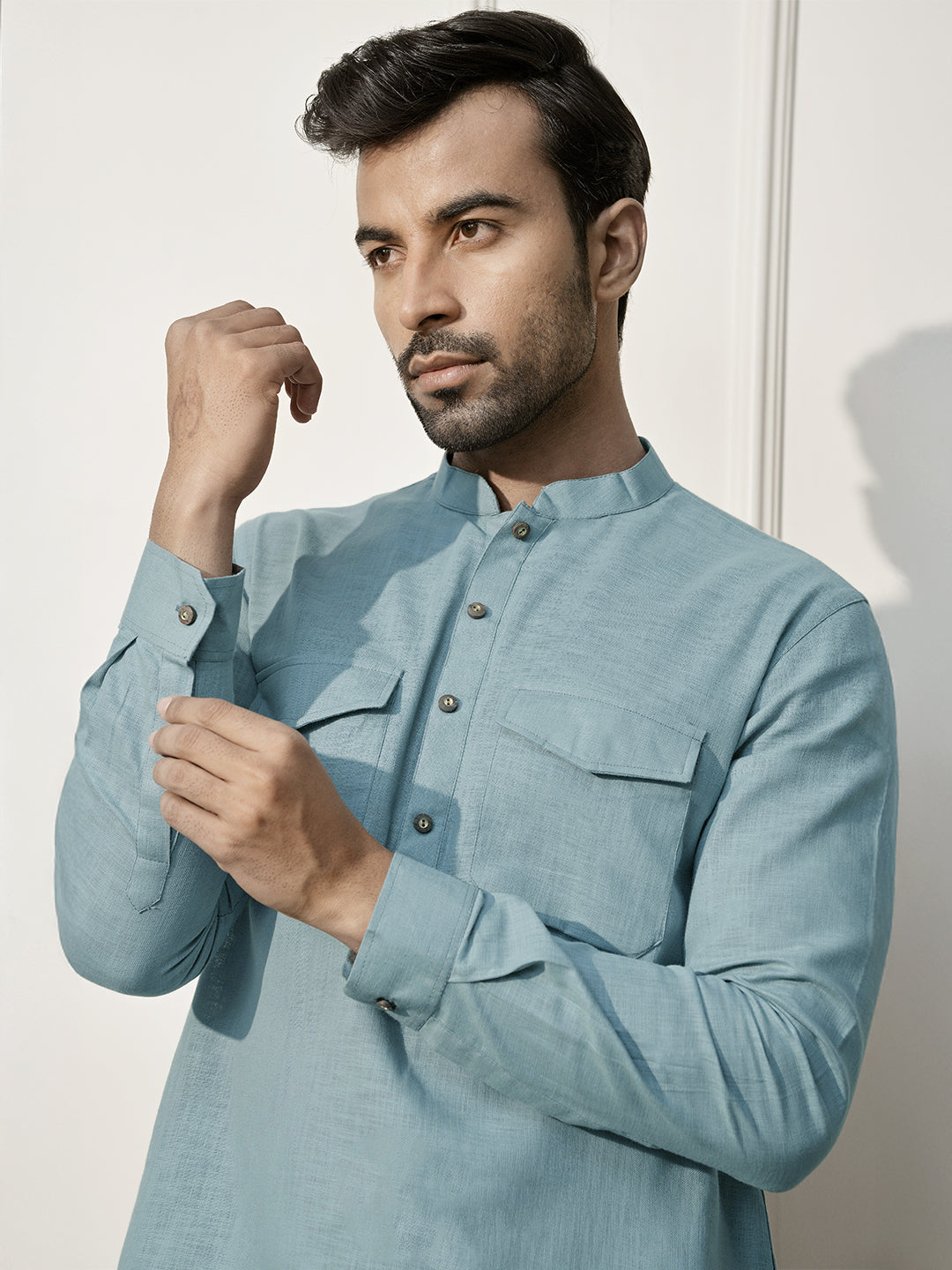 Green Cotton Linen Casual Men's Kurta Set