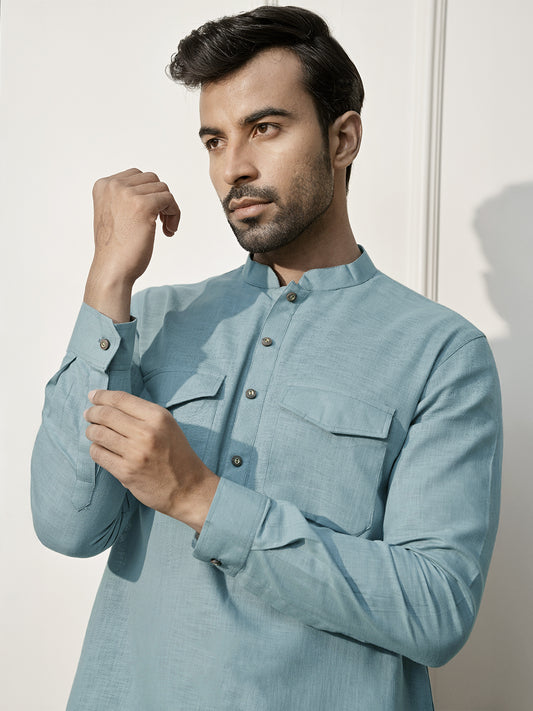 Green Cotton Linen Casual Men's Kurta Set