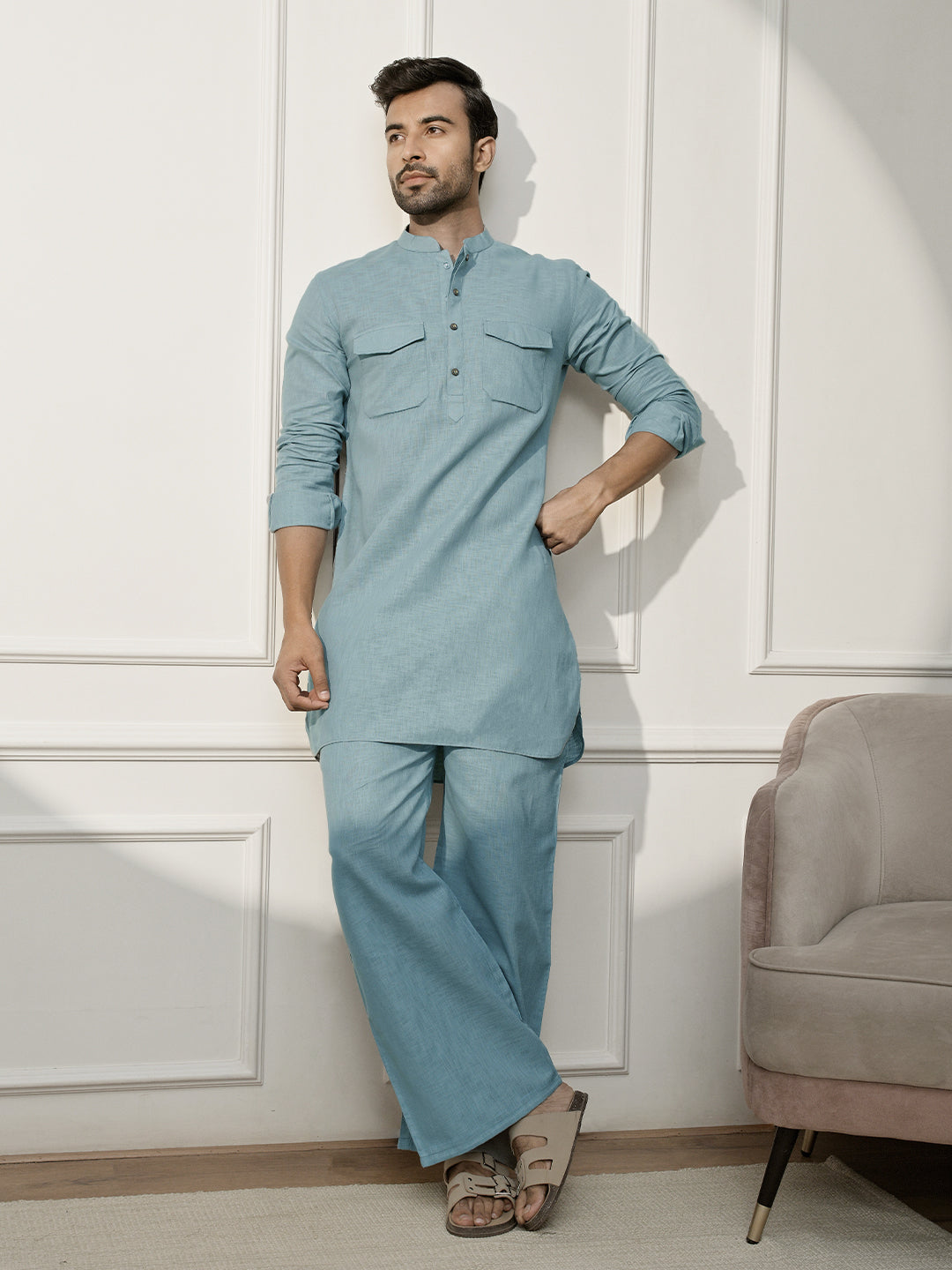 Green Cotton Linen Casual Men's Kurta Set