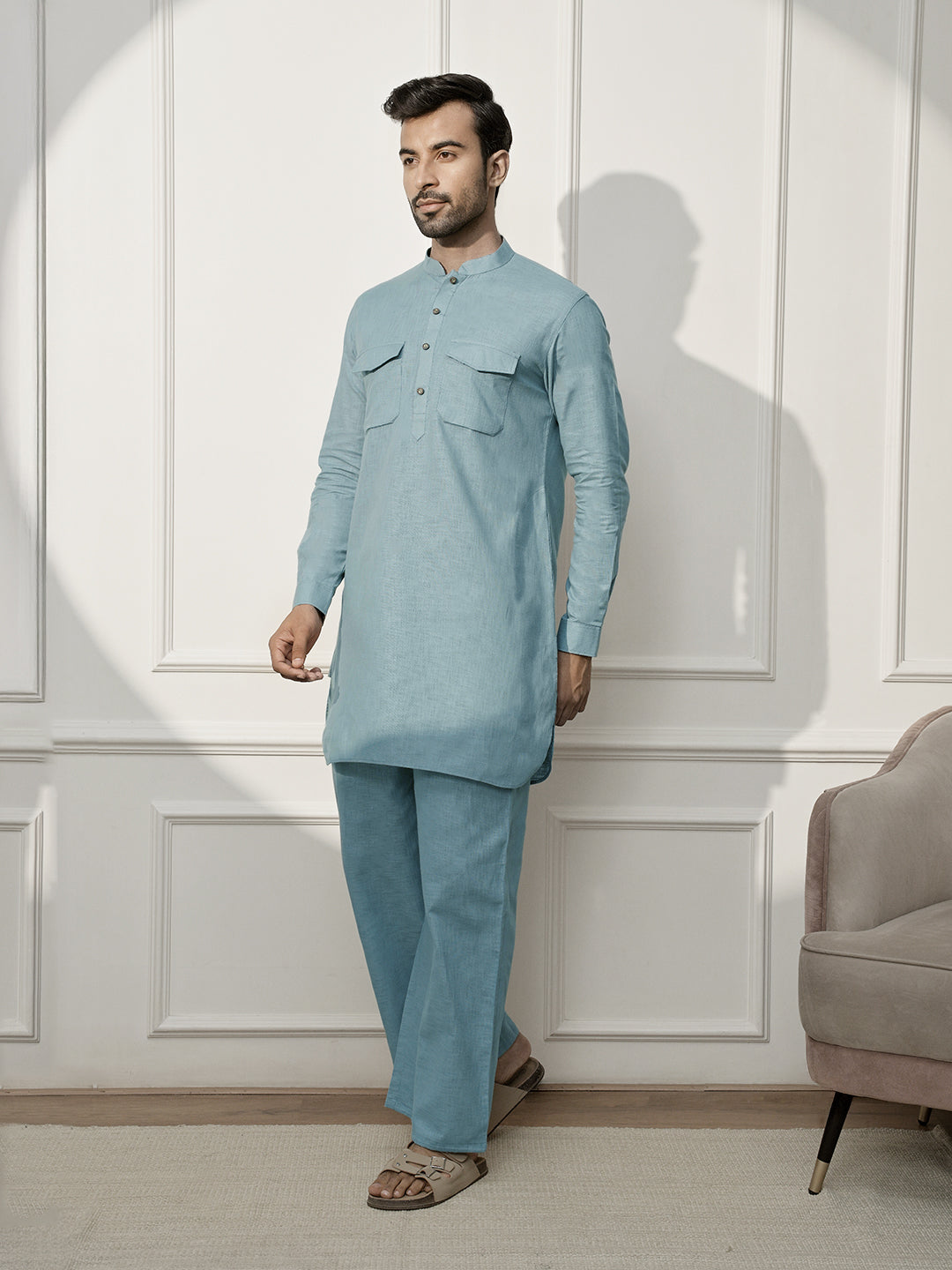 Green Cotton Linen Casual Men's Kurta Set
