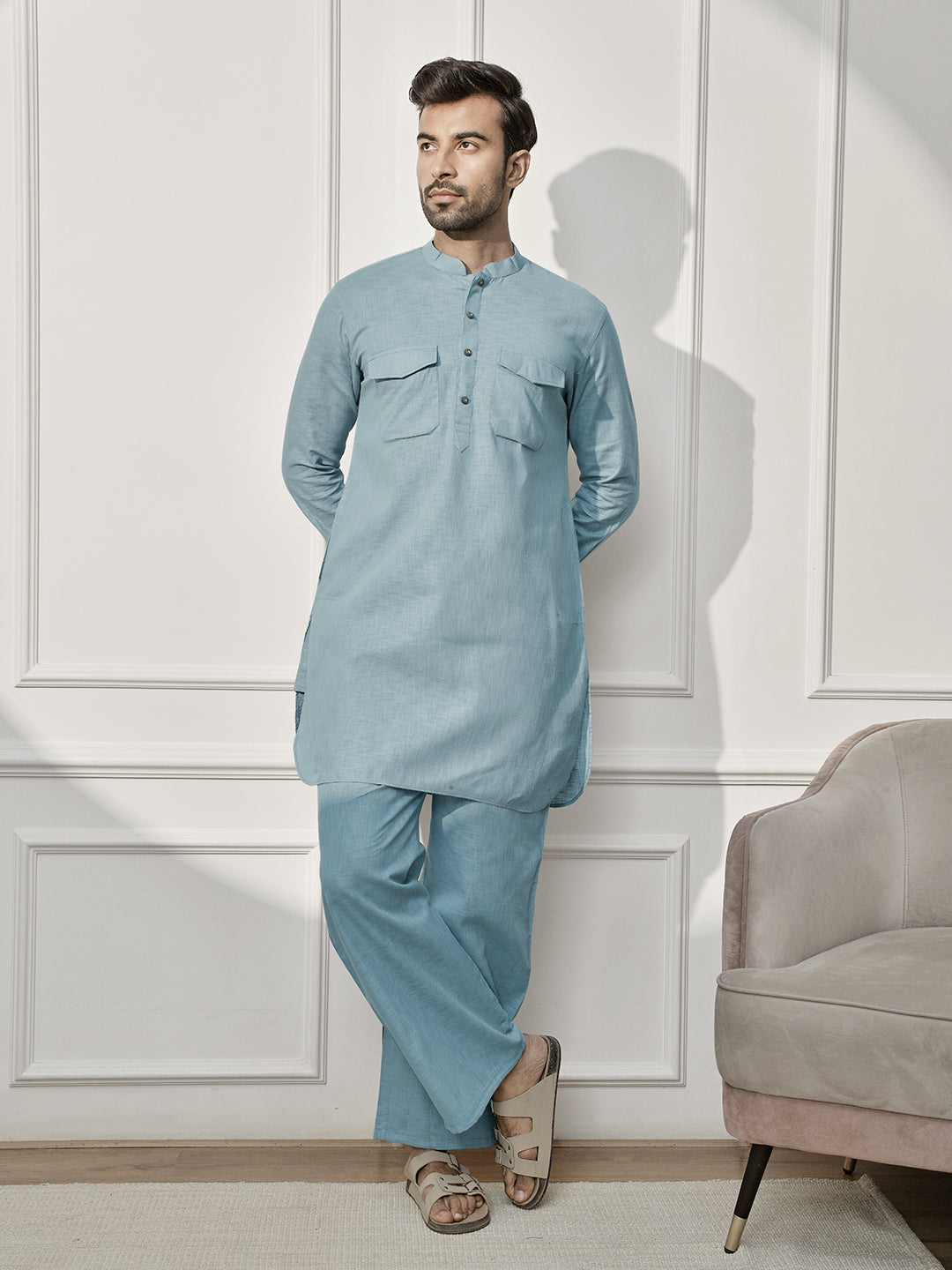 Green Cotton Linen Casual Men's Kurta Set