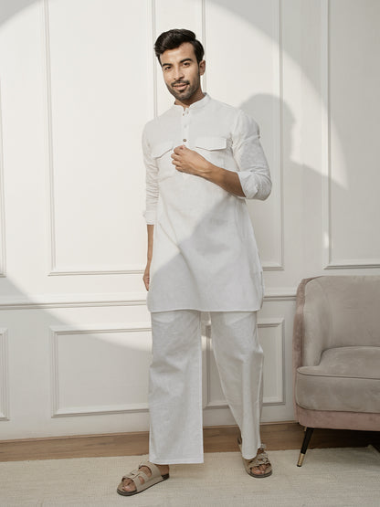 White Cotton Casual Wear Men'S Kurta Set