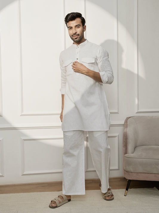 White Cotton Casual Wear Men'S Kurta Set
