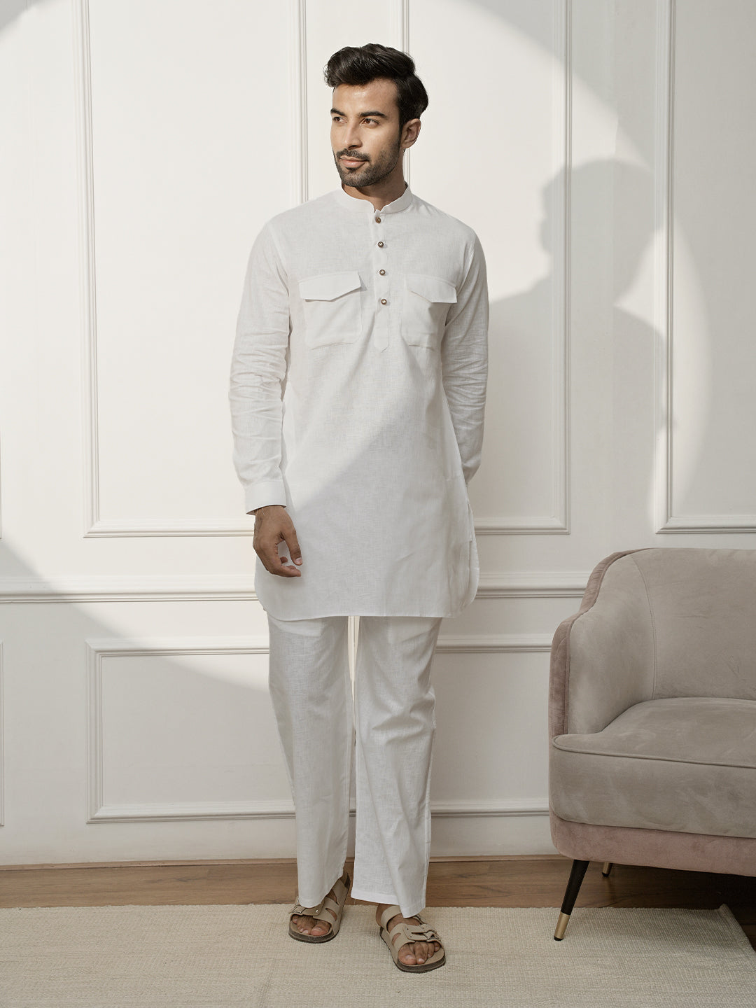 White Cotton Casual Wear Men'S Kurta Set