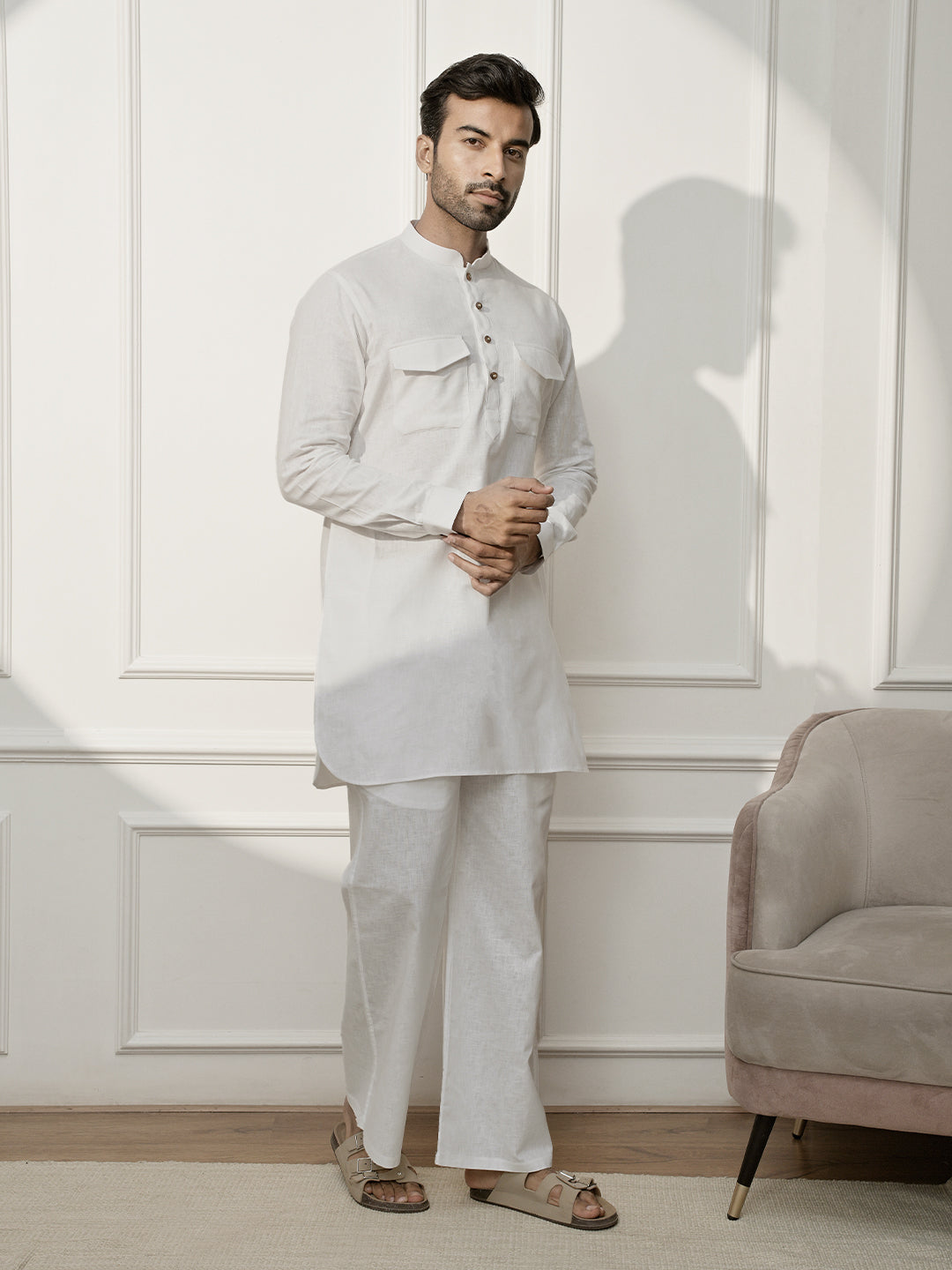 White Cotton Casual Wear Men'S Kurta Set
