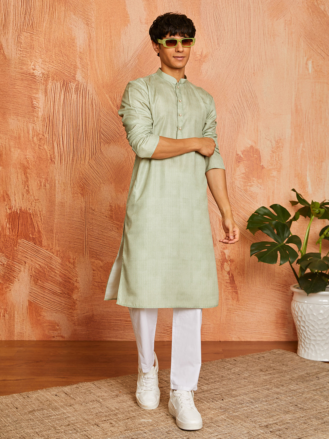 Pista Green Cotton Blend Casual Men's Kurta Set