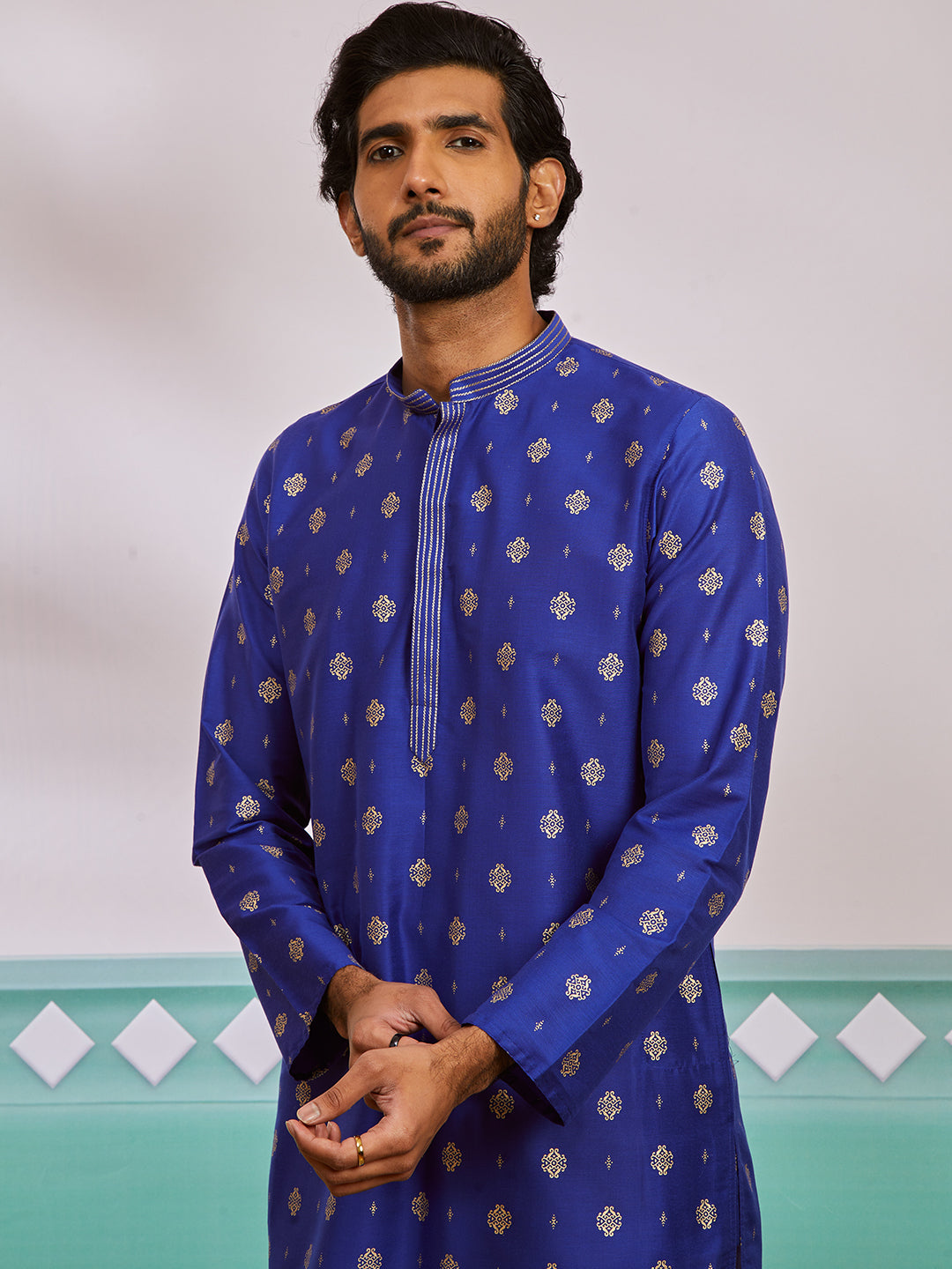 Royal Blue Viscose Blend Wedding Men's Kurta Set