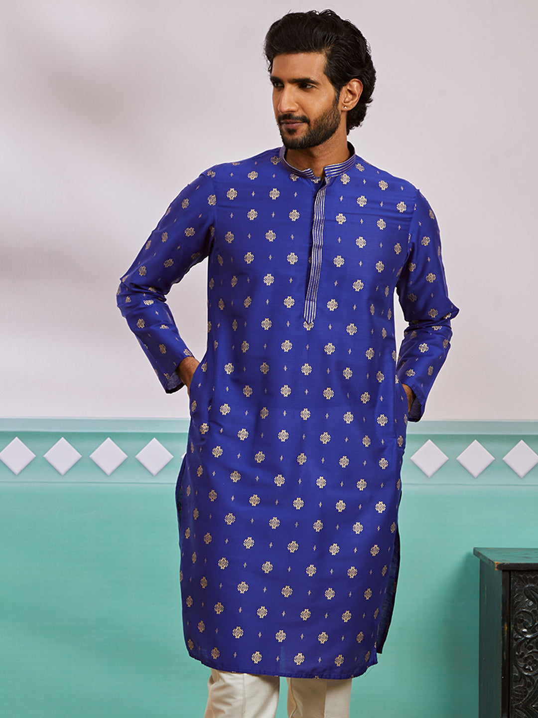 Royal Blue Viscose Blend Wedding Men's Kurta Set